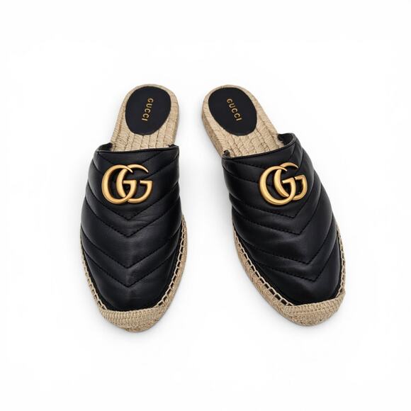 Gucci Shoes - Gucci GG Marmont Black Quilted Leather Espadrille Mule Gold Slide Size 37.5 7.5